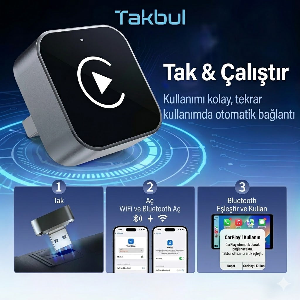 TakBull™ Kablosuz CarPlay & Android Auto Adaptörü