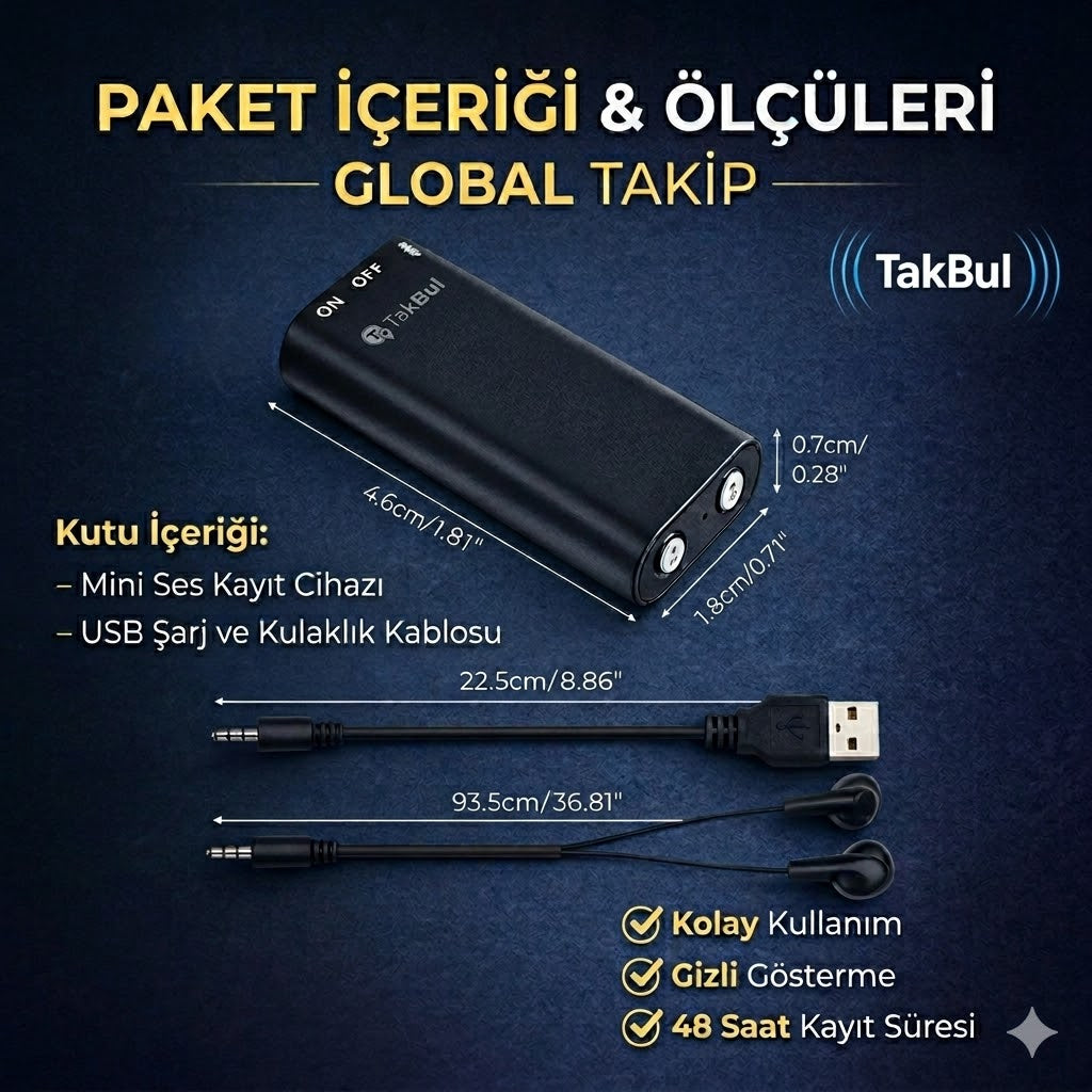 TakBul Mini Dijital Ses Kayıt Cihazı  32GB – 48 Saat Kesintisiz Kayıt, Taşınabilir
