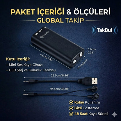 TakBul Mini Dijital Ses Kayıt Cihazı  32GB – 48 Saat Kesintisiz Kayıt, Taşınabilir