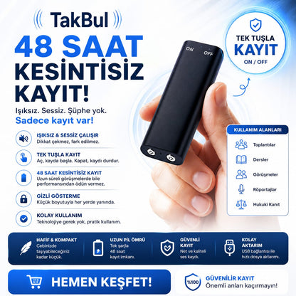 TakBul Mini Dijital Ses Kayıt Cihazı  16GB – 48 Saat Kesintisiz Kayıt, Taşınabilir
